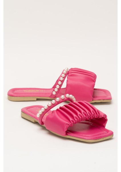 Kadın İnci Taşlı Büzgülü Terlik PEMBE