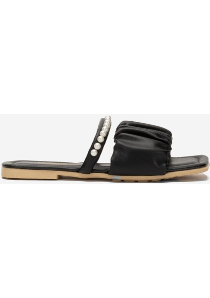 Kadın İnci Taşlı Büzgülü Terlik SİYAH