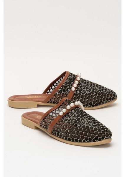 Kadın İnci Kemerli FileliTerlik SİYAH - ALTIN