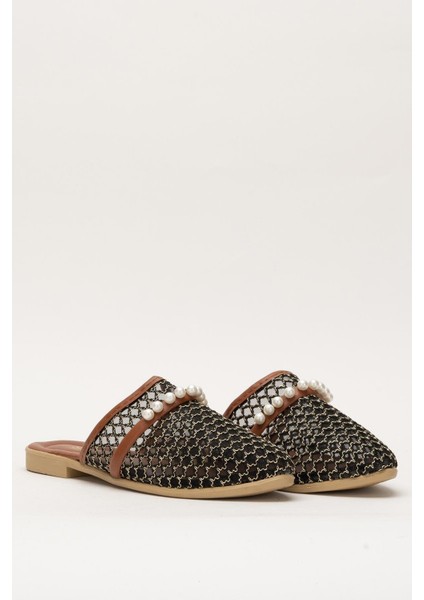 Kadın İnci Kemerli FileliTerlik SİYAH - ALTIN