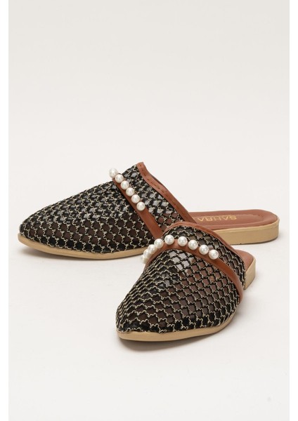 Kadın İnci Kemerli FileliTerlik SİYAH - ALTIN