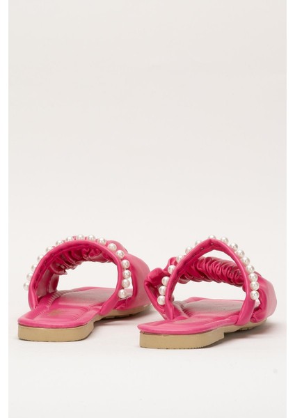 Kadın İnci Taşlı Büzgülü Terlik PEMBE