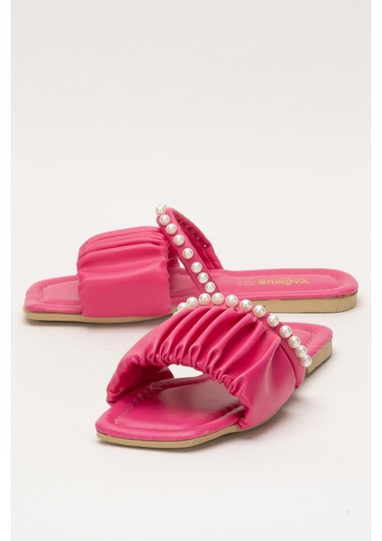 Kadın İnci Taşlı Büzgülü Terlik PEMBE