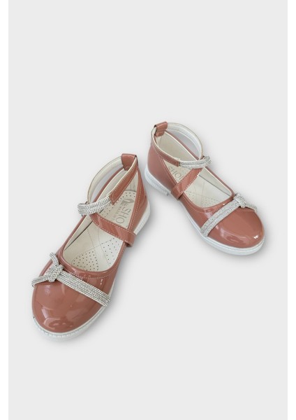 Hafif Taban Cırtlı Taşlı Kız Çocuk Babet Ayakkabı Pudra modelleri