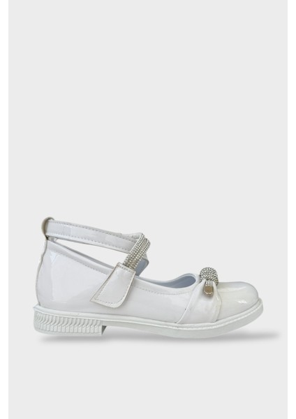 Hafif Taban Cırtlı Taşlı Kız Çocuk Babet Ayakkabı BEYAZ