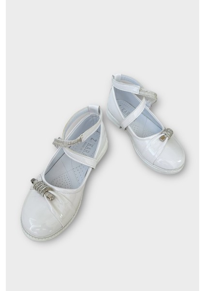 Hafif Taban Cırtlı Taşlı Kız Çocuk Babet Ayakkabı BEYAZ