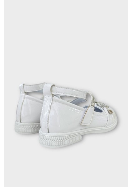 Hafif Taban Cırtlı Taşlı Kız Çocuk Babet Ayakkabı BEYAZ