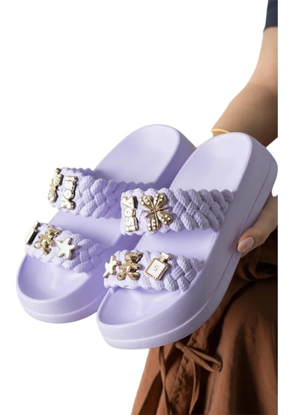 Kadın Taşlı Şık Rahat Konforlu Günlük Terlik Lila fırsatları