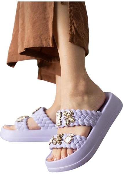 Kadın Taşlı Şık Rahat Konforlu Günlük Terlik Lila indirimleri