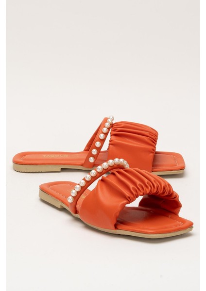 Kadın İnci Taşlı Büzgülü Terlik TURUNCU