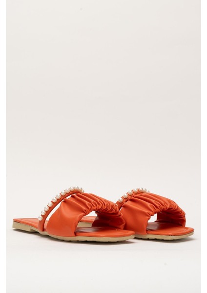 Kadın İnci Taşlı Büzgülü Terlik TURUNCU