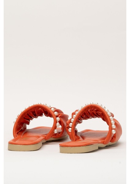 Kadın İnci Taşlı Büzgülü Terlik TURUNCU