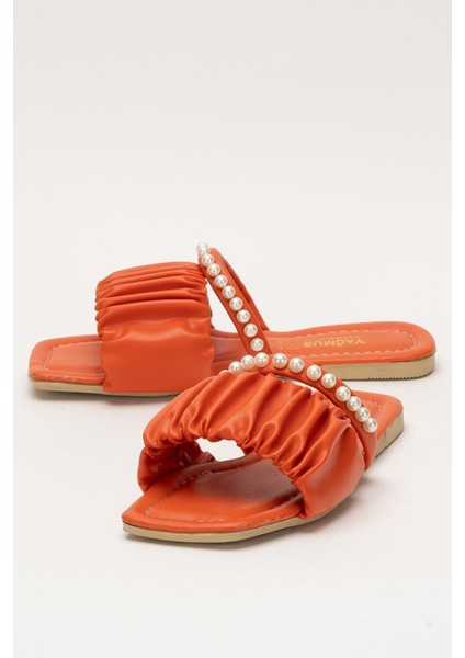 Kadın İnci Taşlı Büzgülü Terlik TURUNCU