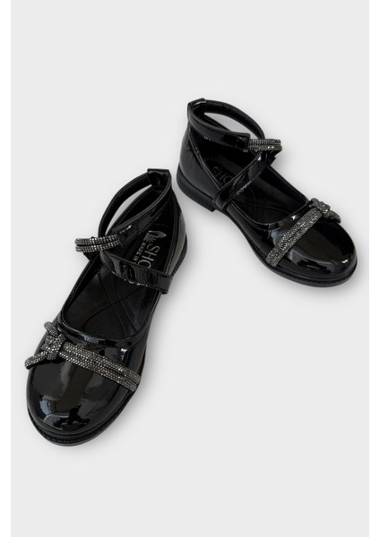 Hafif Taban Cırtlı Taşlı Kız Çocuk Babet Ayakkabı SİYAH modelleri