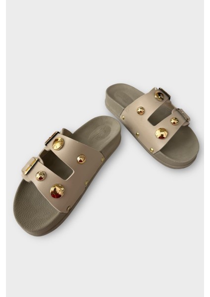 Kadın Çift Bantlı Toka Detaylı Günlük Konfor Terlik KREM modelleri