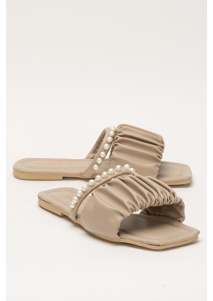 Kadın İnci Taşlı Büzgülü Terlik BEJ fiyatları