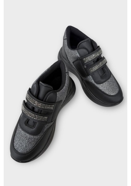 Kız Çocuk Yüksek Taban Taşlı Simli Cırtlı Spor Ayakkabı Siyah - Gümüş modelleri