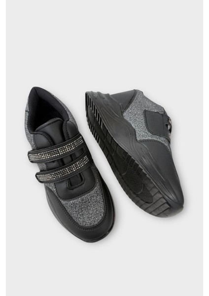 Kız Çocuk Yüksek Taban Taşlı Simli Cırtlı Spor Ayakkabı Siyah - Gümüş fırsatları