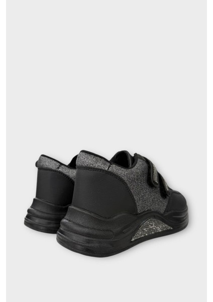 Kız Çocuk Yüksek Taban Taşlı Simli Cırtlı Spor Ayakkabı Siyah - Gümüş indirimleri