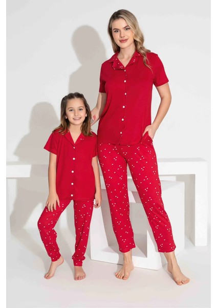 Anne Kız Kombin Kısa Kollu Gömlek Uzun Alt Milan Kumaş Orta Kalın Pijama TAKIMI-2922