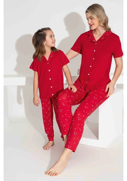 Anne Kız Kombin Kısa Kollu Gömlek Uzun Alt Milan Kumaş Orta Kalın Pijama TAKIMI-2922 fiyatları