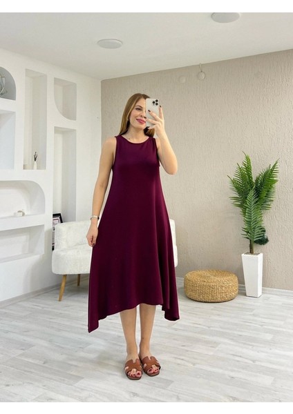 Kadın Askılı Yuvarlak Yakalı Asimetrik Kesim Detaylı Viskon Elbise