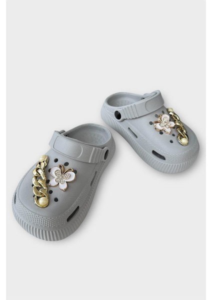 Çocuk Taşlı Cross Terlik Bahçe Plaj Sahil Havuz Terliği GRİ modelleri