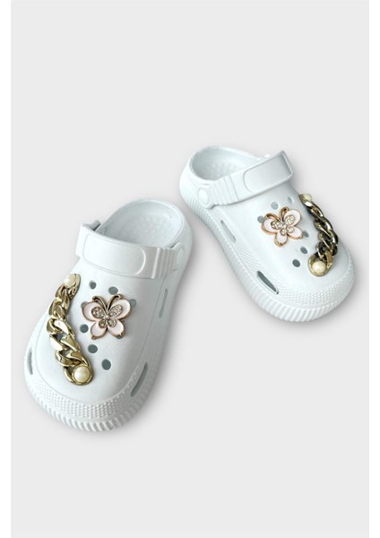 Çocuk Taşlı Cross Terlik Bahçe Plaj Sahil Havuz Terliği BEYAZ