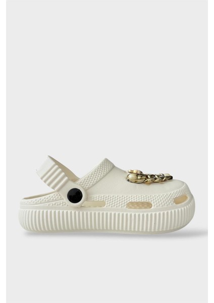 Çocuk Taşlı Cross Terlik Bahçe Plaj Sahil Havuz Terliği KREM