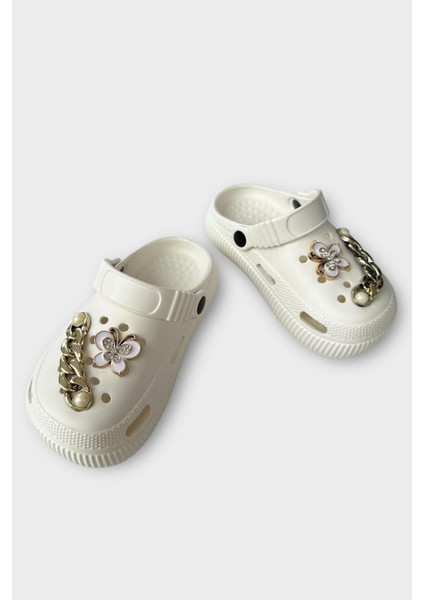 Çocuk Taşlı Cross Terlik Bahçe Plaj Sahil Havuz Terliği KREM modelleri