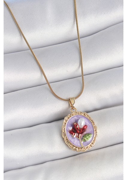 316L Çelik Gold Renk Zincir Mor Mineli Incili Çiçek Işlemeli Portre Model Kadın Kolye - TJ-BKO10156