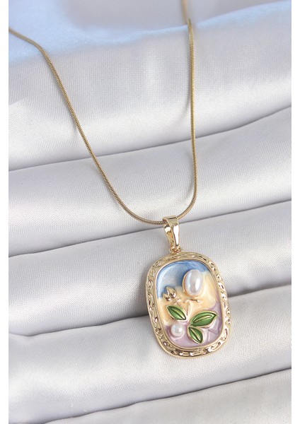 316L Çelik Gold Renk Zincir Mix Renk Mineli Inci Çiçek Işlemeli Portre Model Kadın Kolye - TJ-BKO10152