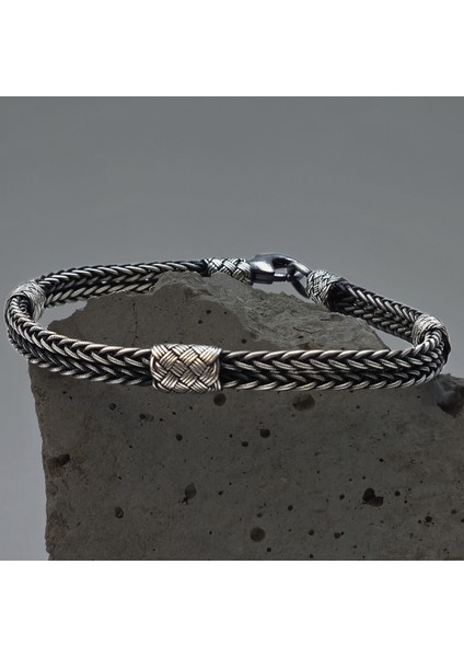 Oksitli Gümüş Çerkez Model Kazaziye Bileklik - 1000 Ayar Gümüş Örgülü El Işçiliği Bileklik
