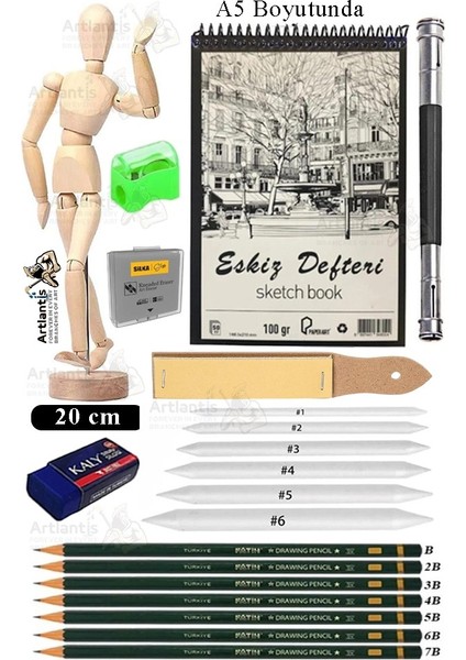 Ahşap Insan Modeli 20 cm A5 Eskiz Defteri Dereceli Karakalem Seti Dağıtma Kalemi Zımpara Kalem Uzatma Aparat Hamur Silgi