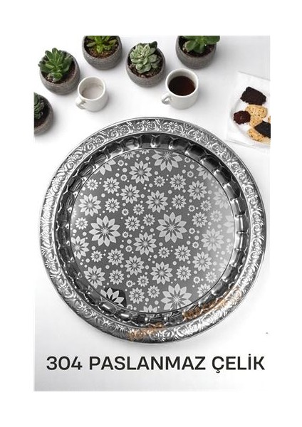 Servis Tepsisi - Çelik Çay Tepsisi Şık Desenli Tepsi 36 cm