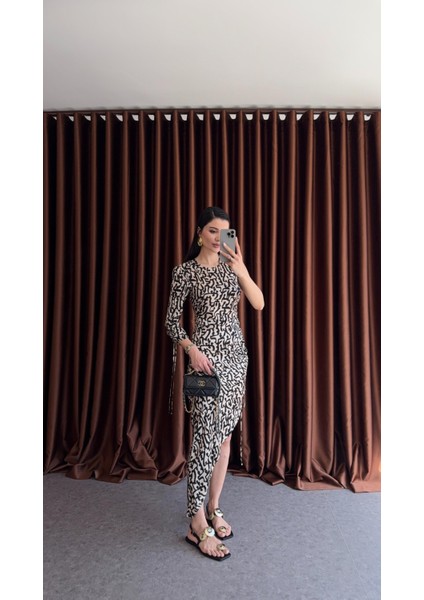 Tek Omuz Siyah Desenli Elbise