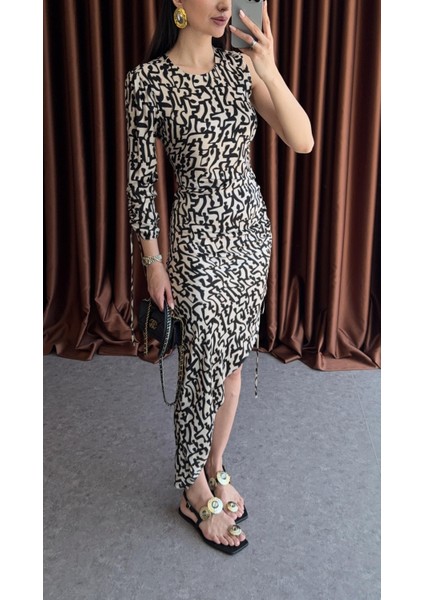 Tek Omuz Siyah Desenli Elbise modelleri