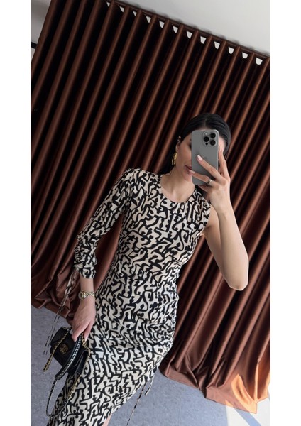 Tek Omuz Siyah Desenli Elbise indirimleri