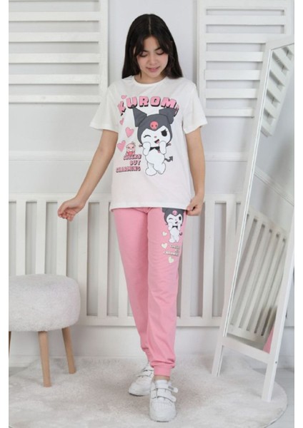 Isob Pembe Kuromi Desenli %100 Pamuk Kız Çocuk Kısa Kollu Pijama Takımı 8-13 Yaş 41414-P