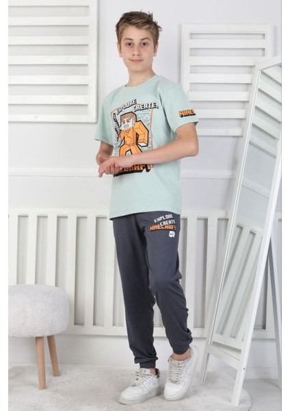 Isob Yeşil Minecraft Desenli %100 Pamuk Kısa Kollu Erkek Çocuk Pijama Takımı 8-13 Yaş 41512-Y