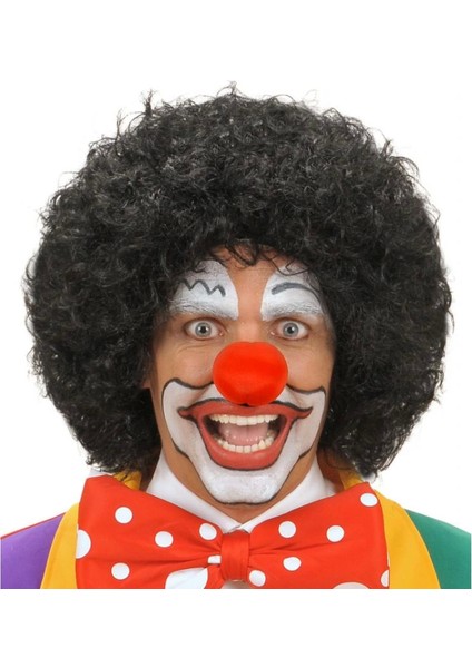 Siyah Renk Kıvırcık Afro Bonus Peruk Saç ve Kırmızı Sünger Burun Seti