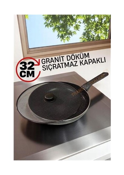 Modacar Granit Döküm Tava Yağ Sıçratmaz Kapaklı -Yapışmaz Taban 32 cm