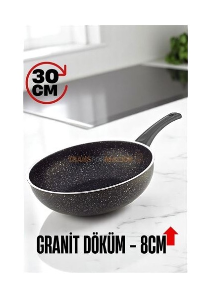 Modacar Granit Döküm 8 cm Derin Wok Tava - Yapışmaz Wok Tava - 30 cm