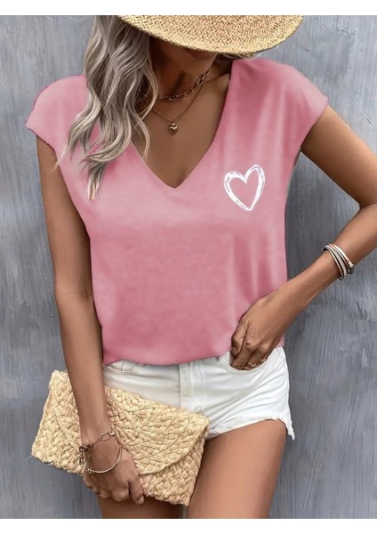 Kadın Kısa Kollu V Yakalı Kalp Baskılı Viskon Bluz fiyatları