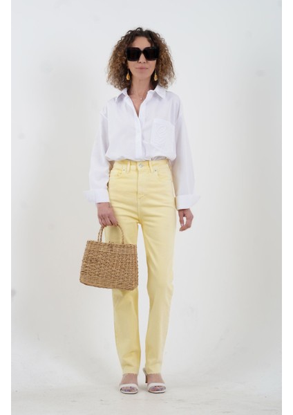 Sarı Paçası Dikişsiz Mom Fit Jean Pantolon