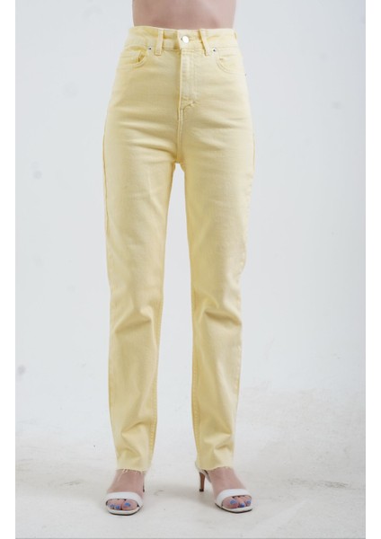 Sarı Paçası Dikişsiz Mom Fit Jean Pantolon modelleri