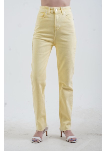 Sarı Paçası Dikişsiz Mom Fit Jean Pantolon indirimleri