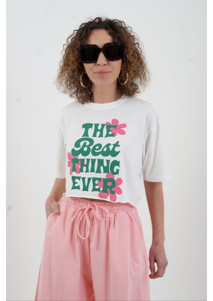 Ekru Best Think Ever Baskılı Crop Tshirt