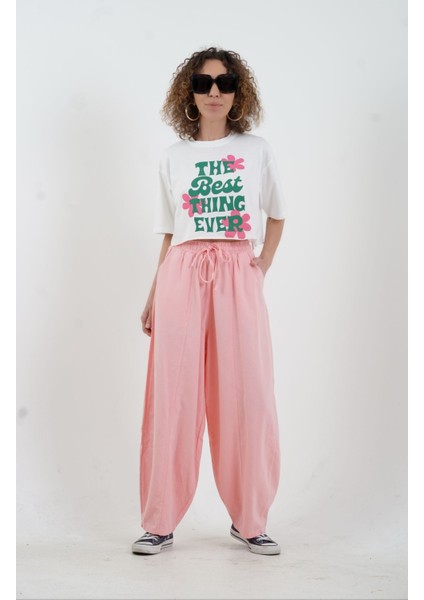 Ekru Best Think Ever Baskılı Crop Tshirt fiyatları