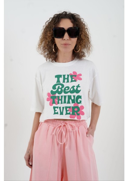 Ekru Best Think Ever Baskılı Crop Tshirt modelleri